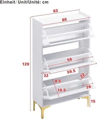 Immagine prodotto di Armadio per scarpe bianco, con tre ripiani, realizzato in MDF con finitura effetto legno e dotato di gambe dorate