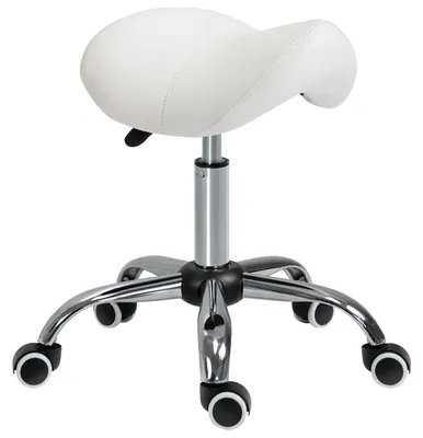 Produktbild von Drehhocker Arbeitshocker, Rollhocker Sattelhocker höhenverstellbar, PolyurethanKunstleder gepolstert, Weiß | Gasfeder | 5 Rollen | 49–61 cm