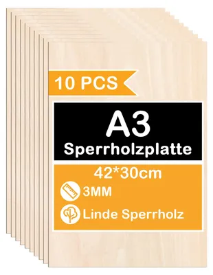 Obrázek produktu pro Aopunly 30 x A3 dřevěný list | 420 x 300 x 3 mm | Tenké překližkové polotovary | Ideální list pro fretwork, pyrografii, řezání laserem, ažurové řezání, CNC frézování