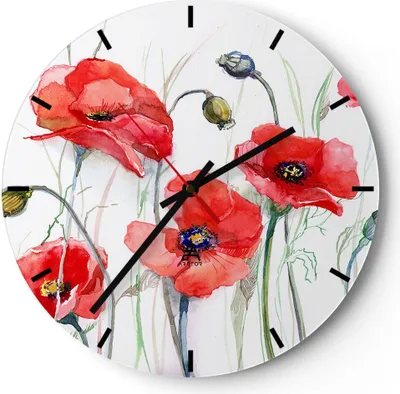 Produktbild von Wanduhr - Rund - Glasuhr - Blume Mohn Wiese - 40x40cm - Schleichendes Uhrwerk - Lautlos - zum Aufhängen bereit - Dekoration Modern - Wanddekoration aus Glas - C3AR40x40-3584