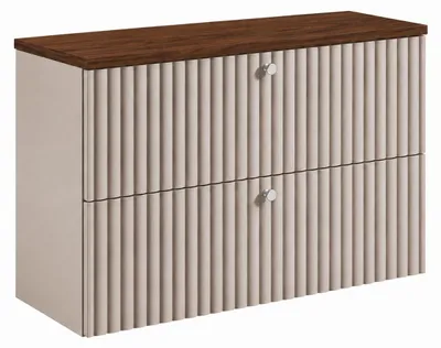 Produktbild von Badezimmer-Hängeschrank mit Platte 80, Kaschmir + Platte Eiche Nussbaum, Griffe in drei Farben, 80 x 44,4 x 58,6 cm, KI-generiertes Bild