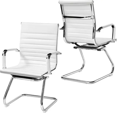 Two white and chrome chairs are shown against a white background. One chair is angled towards the viewer from the side, and the other is shown from the back.