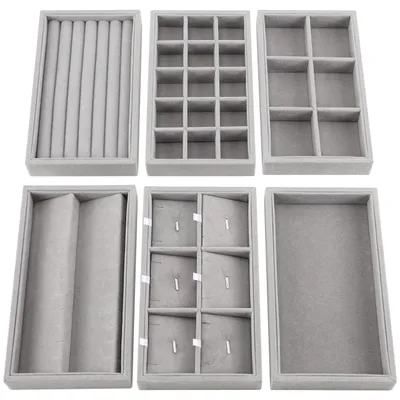 Produktbild von Belle Vous 6er Pack Stapelbarer Schmuck Organizer aus Grauem Samt - Schmuckeinsatz für Schubladen in 6 Verschiedenen Designs - Insgesamt 36 Fächer für