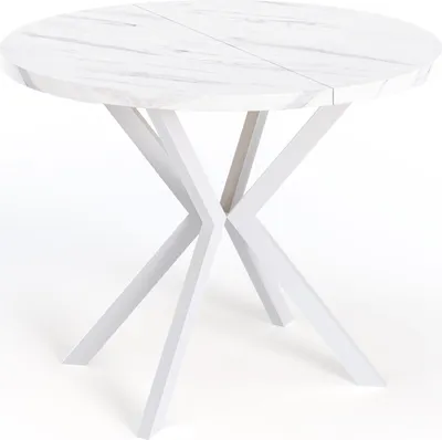 Produktbild von Runder Ausziehbarer Esstisch in Weißer Marmoroptik für 6-8 Personen - Loft Style Tisch mit Weißen Metallbeinen - 120 bis 200 cm - Industrieller Tisch für Wohnzimmer - Spacesaver - Marmor Weiß - 120 cm