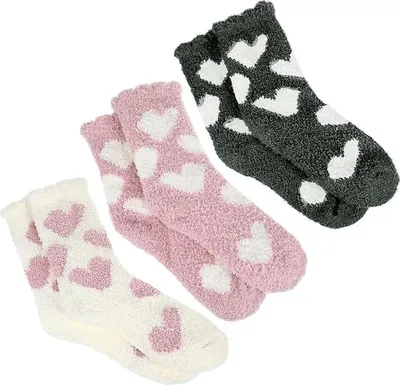 Produktbild von 3 Paar Kuschelsocken Damen, Warme Flauschige Socken, Weiche Wintersocken aus Korallenfleece, Atmungsaktiv Kuschel Schlafsocken, Haussocken fš¹r Winter, Weihnachten als Geschenke (Herz-Muster)