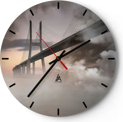 Produktbild von Wanduhr - Rund - Glasuhr - Brücke Nebel Wasser - 40x40cm - Schleichendes Uhrwerk - Lautlos - zum Aufhängen bereit - Dekoration Modern - Wanddekoration aus Glas - C3AR40x40-3525