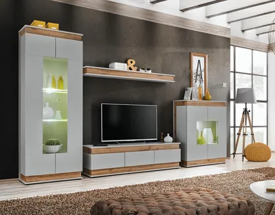Immagine prodotto di Set soggiorno moderno  4 pezzi. Parete attrezzata, vetrina, scaffale, mobili in legno, nuovi.