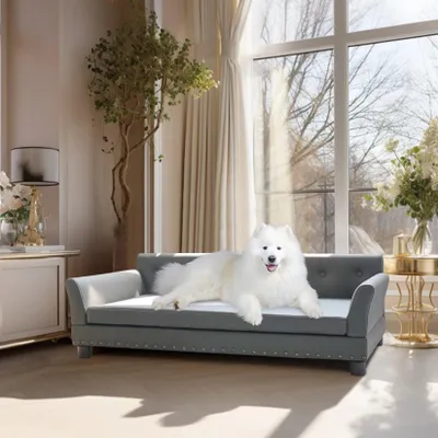 Produktbild von s Hundebett im Bankdesign – 96x72x40 cm – aus Mikrofaser-Leder und Eukalyptusholz – für große Hunde