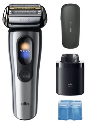 Imagen del producto de Braun NEVO 917667, afeitadora con plancha, color plateado, acero, con botones, funciona con batería, 60 minutos de autonomía