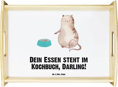 Produktbild von Mr. & Mrs. Panda Serviertablett Katze Fressen - Weiß - Geschenk, Tablett, Holztablett, Servier, Snack, Dekotablett
