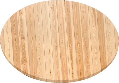 A round wooden tabletop with planks arranged diagonally.