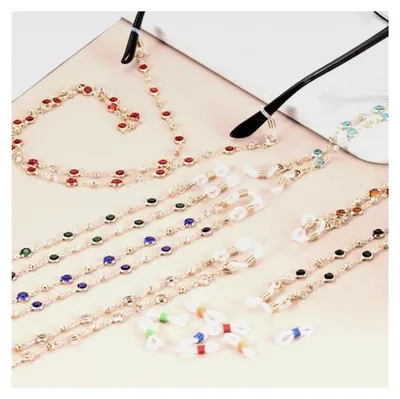 Produktbild von 3 Stück Brillenkette 75 cm Strass Brillenband Maskenkette mit 12 Kettenenden für Damen Rot/Grün/Dunkelblau