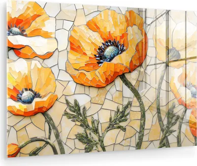 Produktbild von MuchoWow Glasbilder - Bilder auf Wandbild - Foto auf Glas Mohnblumen - Orange - Mosaik - Blätter 120x80 cm Wanddekoration aus Glas - Acrylglasbild - Acrylbilder - Abbildung