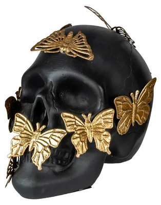 Produktbild von Schwarzer Totenschädel mit goldenen Schmetterlingen als Tischdeko 15,5cm