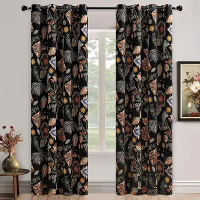Productafbeelding van Verduisteringsgordijn - Botanische print - 229 cm - Zwart - Set van 2 panelen - Voor woonkamer en slaapkamer