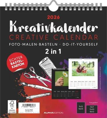A calendar with creative and craft-related imagery, including scissors, paintbrushes, and pens, along with sample calendar pages featuring photos.
