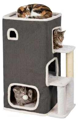 Produktbild von Relaxdays Katzenhaus 3-stöckig, Katzenhöhle mit Ball & Kratzbaum, HxBxT: 83,5x43x34 cm, Tierhöhle indoor, Stoff, grau