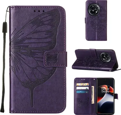Produktbild von Lederhülle für OnePlus 11R / Ace 2 Schmetterling Prägung Flip Ledertasche Kartenfächer Handyhülle mit Ständer Lila