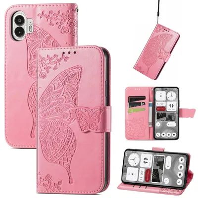 Produktbild von Für Nothing Phone 2 Kunstleder Wallet Handy Tasche Schmetterling Design Hülle Etuis Pink