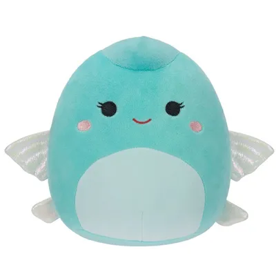 A teal plush toy fish with white wings and pink cheeks, presented on a white background.