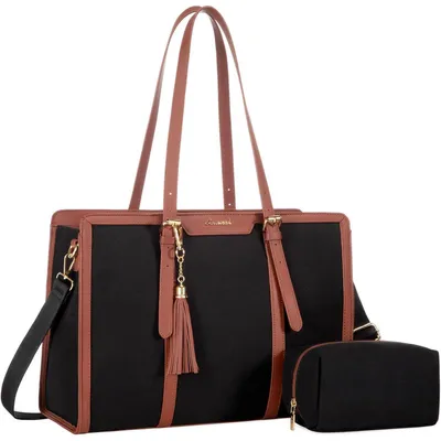 Image de Sac cabas pour femmes, grand sac à main pour ordinateur portable 15,6 pouces, sac bandoulière en toile, noir ou marron