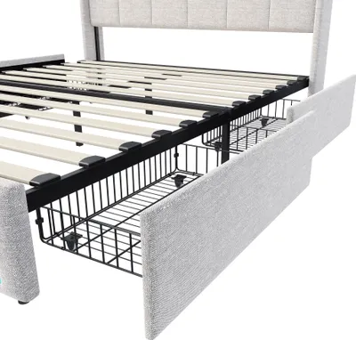 Obrázok produktu pre Manželská posteľ (160 x 200 cm) z béžového ľanu s LED osvetlením, 4 kovovými zásuvkami, úložným priestorom v čele postele a USB/typ C konektormi, moderný a funkčný dizajn