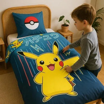 Produktbild von Unyqoos® Pokémon Bettwäsche 140 x 200 cm – Bettbezug für Einzelbett mit Kissenbezug 65 x 65 cm, Pikachu-Motiv, 100% Polyester, offizielle Nintendo-Merchandise