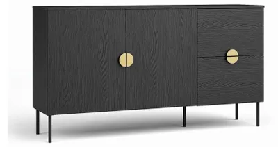 Productafbeelding van Buffet MONDO 160 cm 2 deuren 2 laden zwart gouden handgrepen
