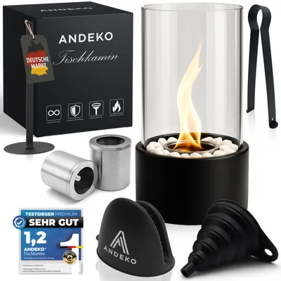 Produktbild von ANDEKO Bioethanol Tischkamin – Tischfeuer Indoor & Outdoor – 4h Brenndauer - Rauchfrei & Geruchlos  –  Inkl. Sicherheitsglas & Deko-Steine Ø16cm H31cm