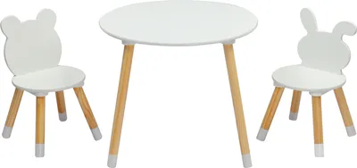 Produktbild von FCH 3-teiliges Kindermöbel-Set, Weiß, aus MDF & Kiefernholz, 60x60x49 cm, mit abgerundeten Kanten, hitze-, kratz- & fleckenbeständig, für Kinderzimmer & Kindergärten, Stühle mit Bären- & Hasenmotiv, ab 2 Jahren