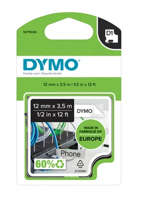 Obrázok produktu pre DYMO páska D1 špeciálna - flexibilná nylonová, 19 mm x 3,5 m, čierna na bielej, Čierna na bielej, D1, Nylon, Belgicko, -40 - 60 °C, DYMO