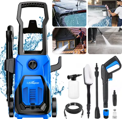 Produktbild von LifeImpree Hochdruckreiniger, 135bar Arbeitsdruck, 1800W Leistung, 5m Hochdruckschlauch, Fördermenge 480 l/h, Mobiler Flächenreiniger mit Bürsten für Haus, Garten und Auto, Blau