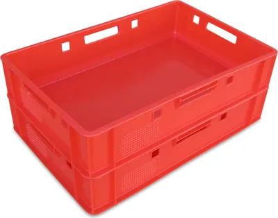 Two red plastic crates stacked on a white background.