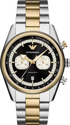 A close-up studio shot of an Emporio Armani chronograph watch.