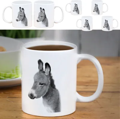 Produktbild von Becher 'Esel' 6er Set 300 ml Steinzeug 12,5x9,5x8cm weiß Henkeltasse Kaffeebecher Tasse Aufdruck Tiermotiv