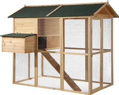 Produktbild von Hühnerstall aus Holz mit Freilaufgehege - für 8 Hühner - 201 x 142 x 171 cm - Holzfarben - GALLUS