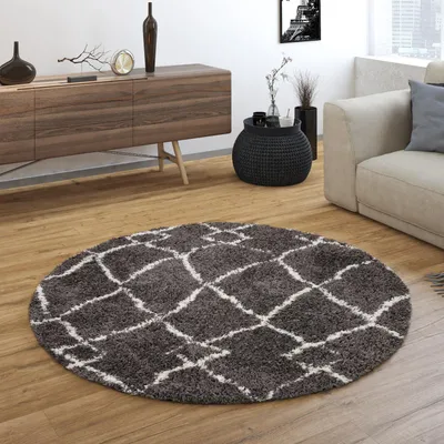 Produktbild von TT Home Wohnzimmerteppich Hochflor Langflor Mit Fransen Skandinavischer Stil Abstrakt Größe 120 cm Rund