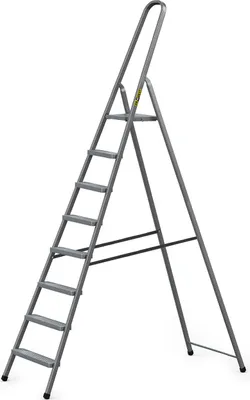 A gray metal stepladder against a white background.