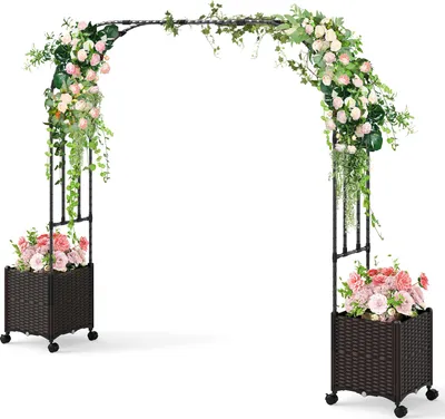 Produktbild von GOPLUS Rosenbogen mit Pflanzkästen, Gartenbogen mit Metallrahmen, selbstbewässernden Pflanzkästen mit Rollen, Torbogen Garten, Schwarz + Braun