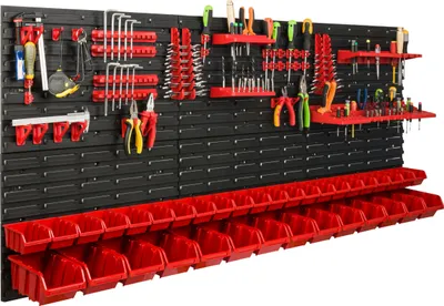 Produktbild von Lagersystem Werkstattregal | 172 x 78 cm | 36 stck. Box | Wandregal mit Werkzeughalterungen und Stapelboxen - Wandplatten Extra Starke Schüttenregal Warkzeuglochwand Lagerregal Garage Regal