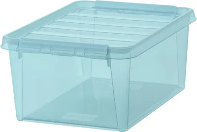 A clear studio shot of a translucent aquamarine storage box with a lid.