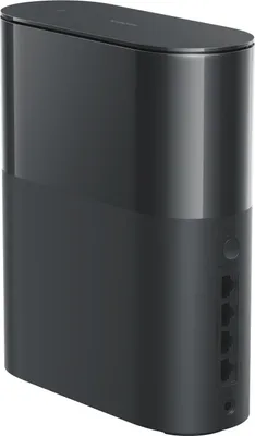 A black and gray mesh system router shown from a three-quarter side view on a white background.