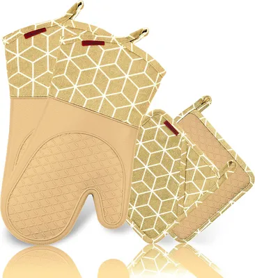 Produktbild von Ofenhandschuh-Set mit Topfhandschuhen und Topflappen, 4-teilig, hitzebeständig aus Silikon und Baumwolle, rutschfest (Beige)
