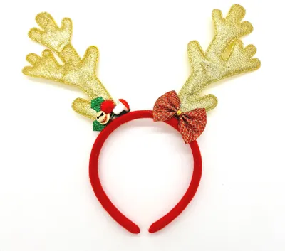 Produktbild von Rentier Reh Haarreif Stirnband Weihnachten Glocken Bling Kopfschmuck Haardeko Glitzer Gold