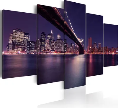 Produktbild von Leinwandbilder New York 200x100 cm Vlies Leinwandbild 5 tlg Kunstdruck modern Wandbilder XXL Wanddekoration Design Wand Bild - City Panorama Nacht violett 030111-59