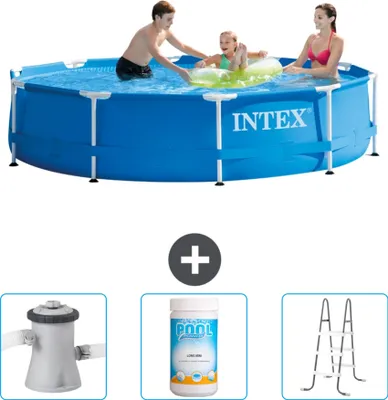 Produktbild von Intex-Schwimmbecken mit rundem Rahmen – 305 x 76 cm – Blau – im Lieferumfang enthalten Filterpumpe für Schwimmbad - Chlor - Leiter