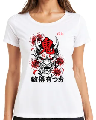 Obrázok produktu pre Japonská maska démona Oni, kvet Higanbana, streetwear štýl, éra Y2K, manga, dámske tričko, biela farba, veľkosť XXL