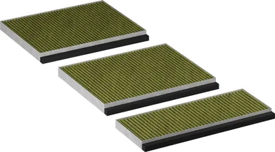 Three air filters are arranged diagonally on a white background.