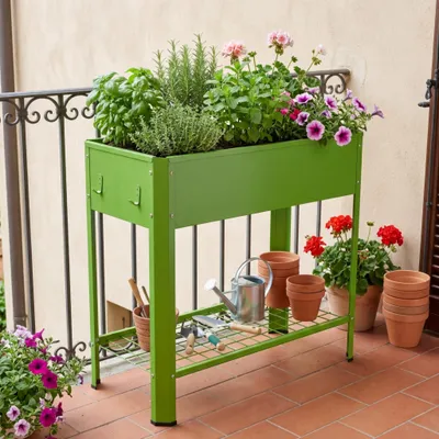 Produktbild von VCM Metall Hochbeet mit Ablage 80x35x80 cm, stehender Pflanzkasten für Balkon Terrasse Garten, Blumenkasten auf Beinen, Balora XL