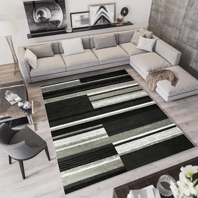 Produktbild von Teppich Wohnzimmer Schlafzimmer Kurzflor Modern Design Schwarz Grau Meliert  300 x 400 cm